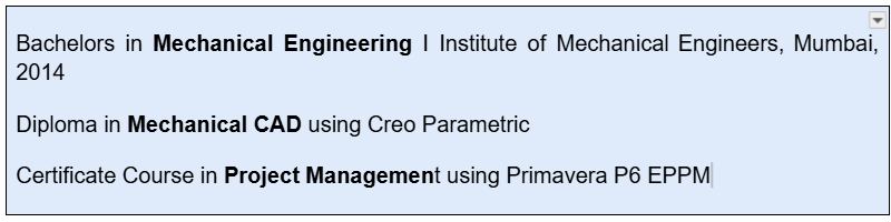 Experienced professional educational qualification in resume